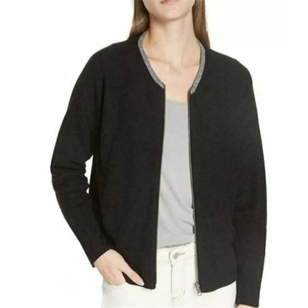 Eileen Fisher Organic Cotton Zip Round Neck Cardigan Jacket Navy, Size Small